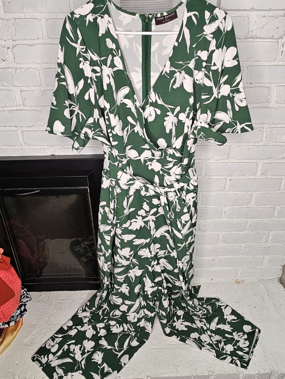 Lane Bryant Green and White Floral Wrap Jumpsuit